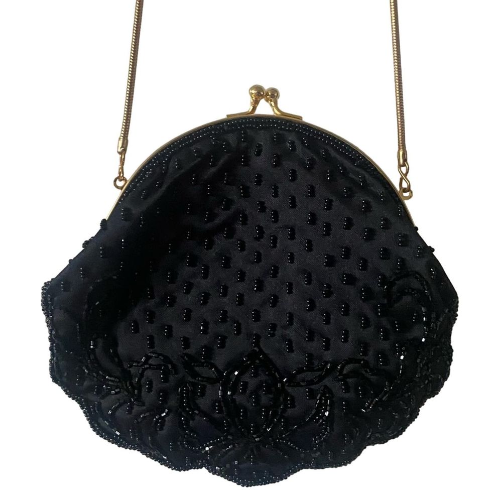 Vintage 80s Handmade Glass Beaded Silk Shell Evening Bag